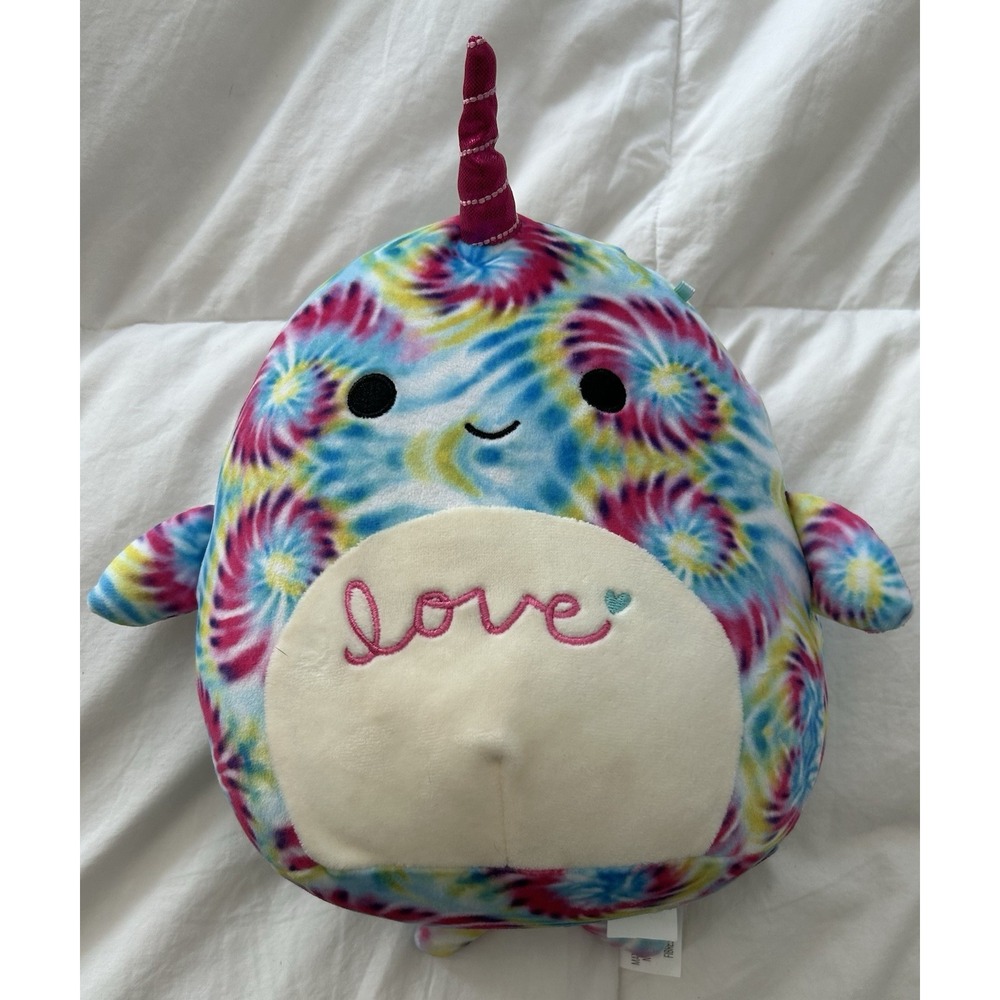 Squishmallow Tie Dye Narwhal "Love" Colorful Kellytoy 12" Stuffed Animal Plush